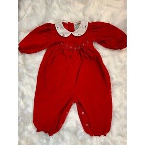 Vintage Alison Scott Red Velvet Jumpsuit w/Collar, Flowers 12 Months Cottagecore